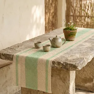 Chemin de Table Rural Américain en Tissé de Papier Ajouré Rayé Avec Gland Décoratif pour Table à Manger Table Basse Buffet Décoration Maison