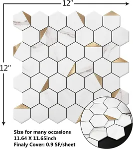 Detalle de azulejos de mosaico de mármol hexagonal con detalles dorados de 12 pulg