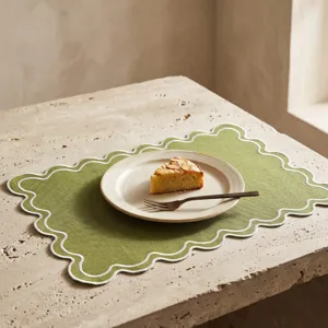 Vintage embroidered sage green scalloped placemat in high quality imitation linen fabric