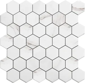 Vista detallada de pegatinas de pared de mosaico hexagonal blanco con vetas mármol