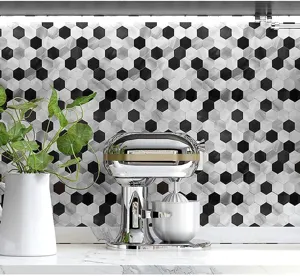 Adhesivo de pared de mosaico metálico 3D hexagonal para el salpicadero de cocina