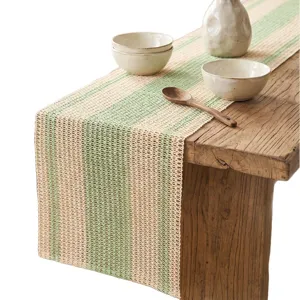 Chemin de table rustique en papier tissé ajouré avec rayures vertes et beiges