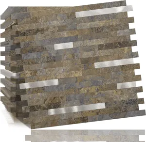 Hojas apiladas de azulejos de mosaico metálico 3D autoadhesivos, textura de piedra