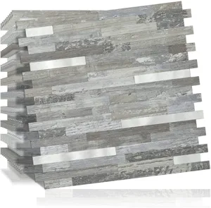 Detalle de la veta de madera rústica y la textura metálica en estos azulejos 3D