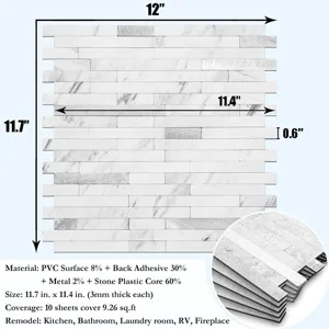 Vista detallada del azulejo de mosaico 3D de mármol con dimensiones y detalles