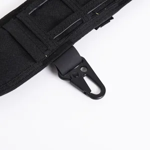 Close-up detail of the durable metal tactical hook on a laser-cut Molle waist belt.