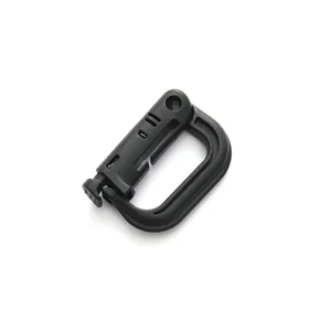 Black plastic D-ring carabiner snap hook, press-type lock buckle for outdoor and pet ropes.