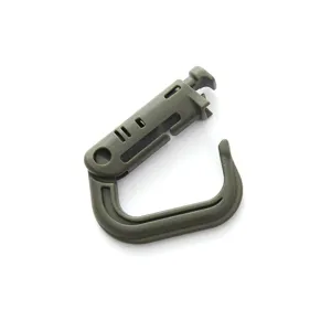 Army green plastic carabiner detail, press-type spring lock buckle for outdoor use.