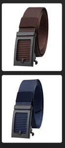 Detail view of thickened nylon tactical belts in brown and navy with black automatic buckles