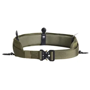 Detail of olive tactical Molle battle belt with metal buckle and mesh padding