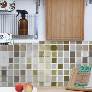 Waterproof kitchen mosaic wall stickers, 3D square tile decals for bathroom decor.