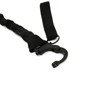 Black tactical elastic safety rope with quick release metal hook, ideal for outdoor sports and camping.