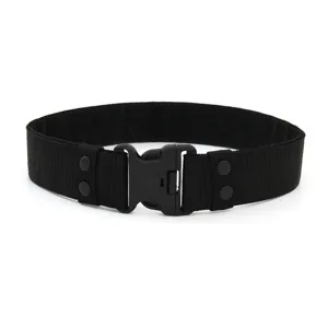 Close-up view of a 5.5cm black tactical belt with a durable plastic buckle.