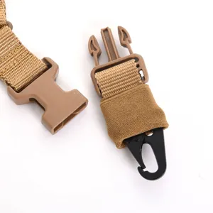 Detailed view of tactical single point sling buckle and durable black metal hook