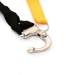 Tactical lanyard metal snap hook and elastic cord detail shot, durable outdoor hardware.