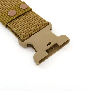 Close-up view showing the tan tactical belt buckle and heavy-duty nylon webbing texture detail.