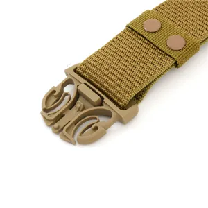 Detailed close-up of khaki tactical belt buckle and durable nylon webbing texture