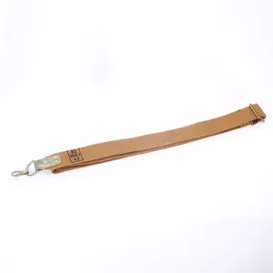 Durable khaki tactical sling strap featuring heavy-duty metal hook for outdoor mission gear