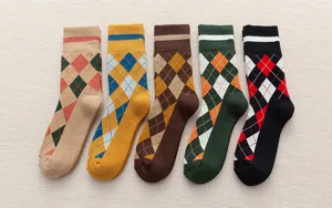 Close-up detail of men's vintage argyle pattern thickened terry warm socks in five colors
