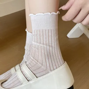 Primer plano de calcetines blancos transparentes a media pierna con bordes de volantes.