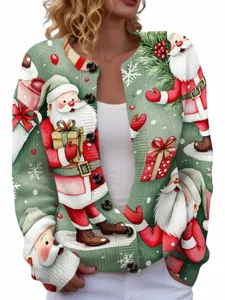 Women Christmas Print Round Neck Button Up Cardigan Sweater Holiday Graphic Long Sleeve Festive Polyester Knitwear Top