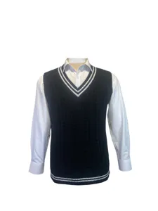 Detail of unisex navy V-neck cable knit sweater vest with white contrast striped trim.