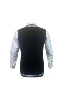 Back view of a unisex black knit V-neck sweater vest layered over a white shirt