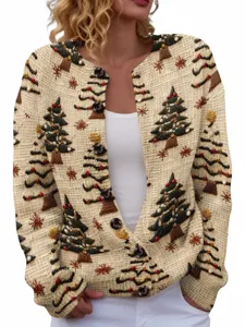 Cozy round neck Christmas cardigan with 3D digital tree print and black buttons