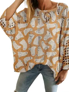 Oversized women's loose hollow-out knit sweater featuring a unique ghost pattern 3D design