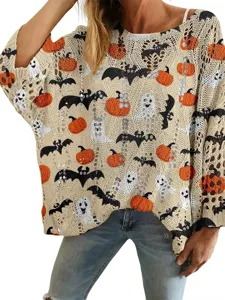 Women's oversized open knit sweater with Halloween pumpkin, bat, and ghost patterns