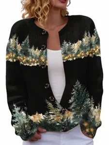 Women's Christmas cardigan sweater featuring 3D pine forest print and round neck buttons