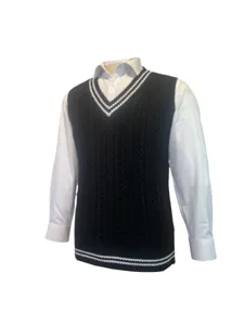 Close-up of a classic black cable knit V-neck sweater vest with contrast white stripes