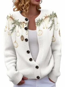 Elegant white women's Christmas knit cardigan featuring 3D digital pine and ornament prints