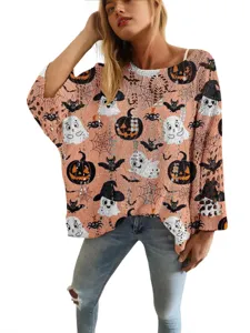 Women's hollow-out knit sweater with Halloween pumpkin ghost print on white background
