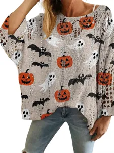 Cozy Halloween hollow-out knit pullover sweater featuring pumpkin bat and ghost prints