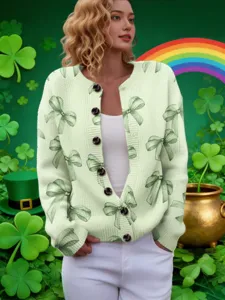 St. Patrick's Day round neck knit cardigan featuring green bow patterns for women