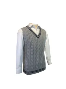 Detail view of grey cable-knit V-neck sweater vest with stylish contrast stripes.