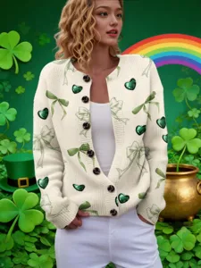 Cozy white St. Patrick's Day knitted cardigan with green bows and heart patterns for women