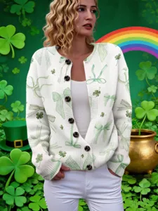 Women's St. Patrick's Day knit cardigan sweater with green shamrock and bow prints