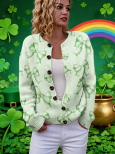 St. Patrick's Day round neck cardigan with green bow print on light green knitwear.