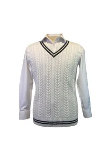 Detailed view of white cable-knit V-neck sweater vest with elegant black stripes