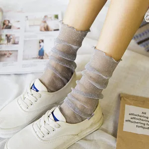 Calze Al Polpaccio in Rete di Filo di Vetro Trasparente Sottili da Donna Primavera Estate Glitter Bordo Lattuga Moda Quotidiano