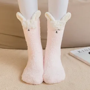 Cute pink bunny ears coral fleece socks for women, warm winter home floor socks