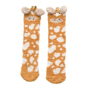 Cute cartoon giraffe print coral fleece socks for women's winter indoor cozy wear