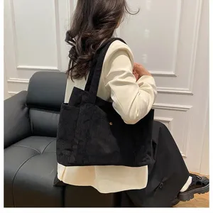 Grande borsa tote in velluto a coste nero da donna con interno spazioso e tasche laterali