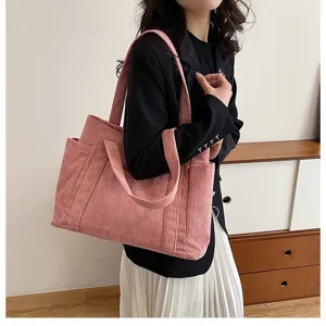 Elegante borsa tote in velluto a coste rosa da donna con design capiente a tracolla