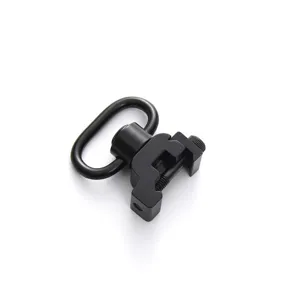 Detail shot of a tactical matte black quick detach metal sling swivel for rail mount