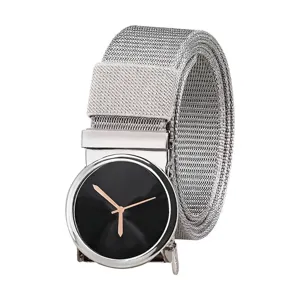 Cinturón de nailon plateado para hombre con hebilla automática de esfera de reloj creativa