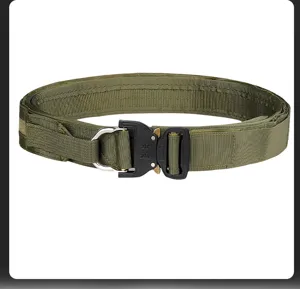 Heavy-duty double-layer tactical belt detail with metal quick-release cobra buckle and D-ring.