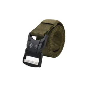 Detailed close-up of the tactical belt buckle showing quick-release mechanism and strength.